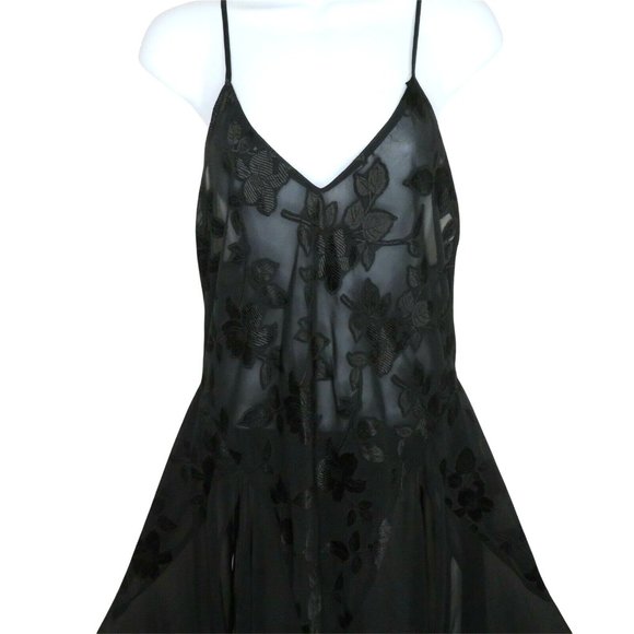 Vintage Sheer Chiffon Brocade Slip Nightgown M Black Sweeping Sheer Slit Panels - Picture 2 of 10
